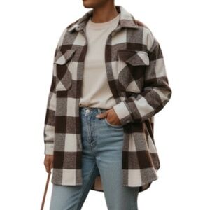 Divided H&M Brown White Checkered Shacket Jacket Snap Closure Oversized Fit L